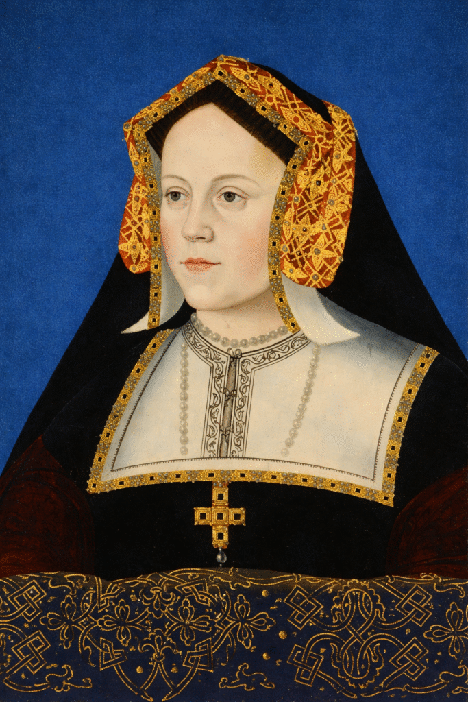 Catalina de Aragon, vestida de época con fondo azul